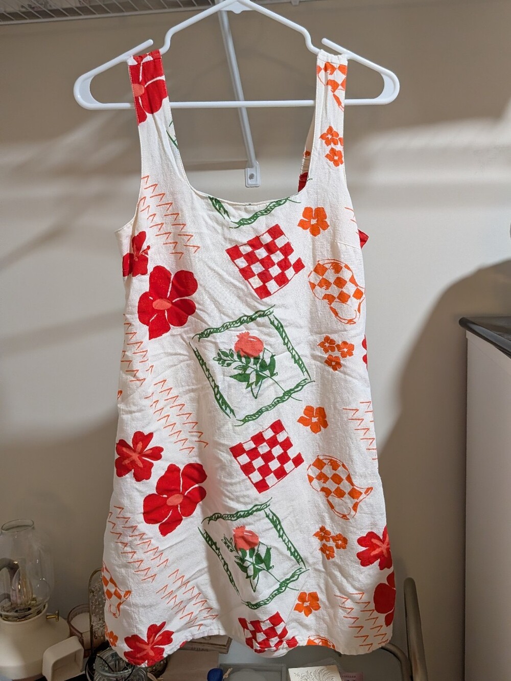 Sleeveless Floral & Checker Print Mini Sundress